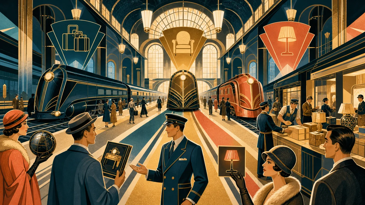 Illustration zu Bluerails Discovery: Reisende werden in einem Art-déco-Handelsbahnhof zu passenden Produktwegen geführt
