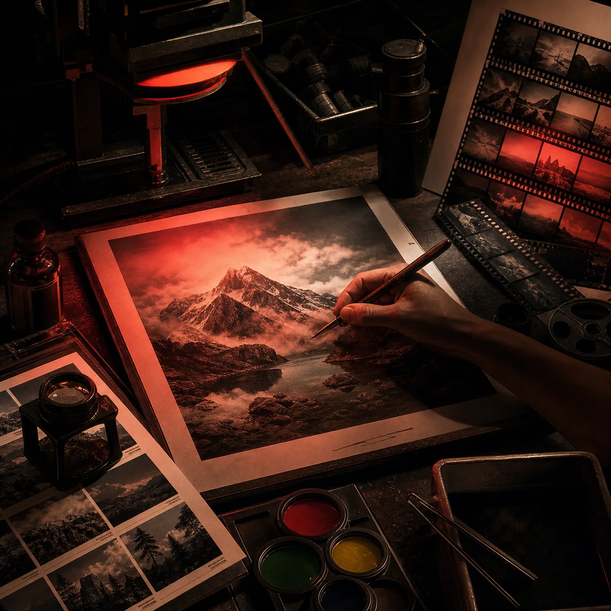 Dunkelkammer-Tisch mit Kontaktbögen, Filtern und Landschaftsabzug als Sinnbild für Darktables RAW-Workflow
