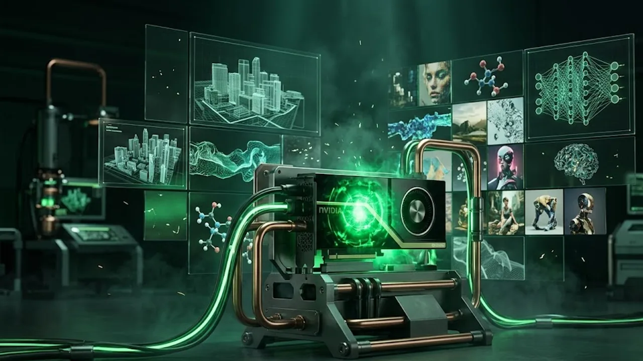 Illustration zu NVIDIA RTX 6000 Ada Generation: ein leistungsstarker Workstation-Kern speist Simulationen und KI-Renderkacheln
