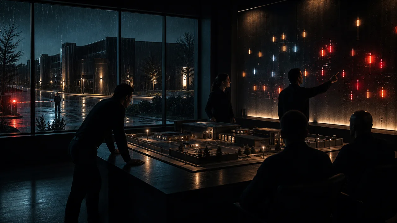 a night physical-security center with an architectural building model