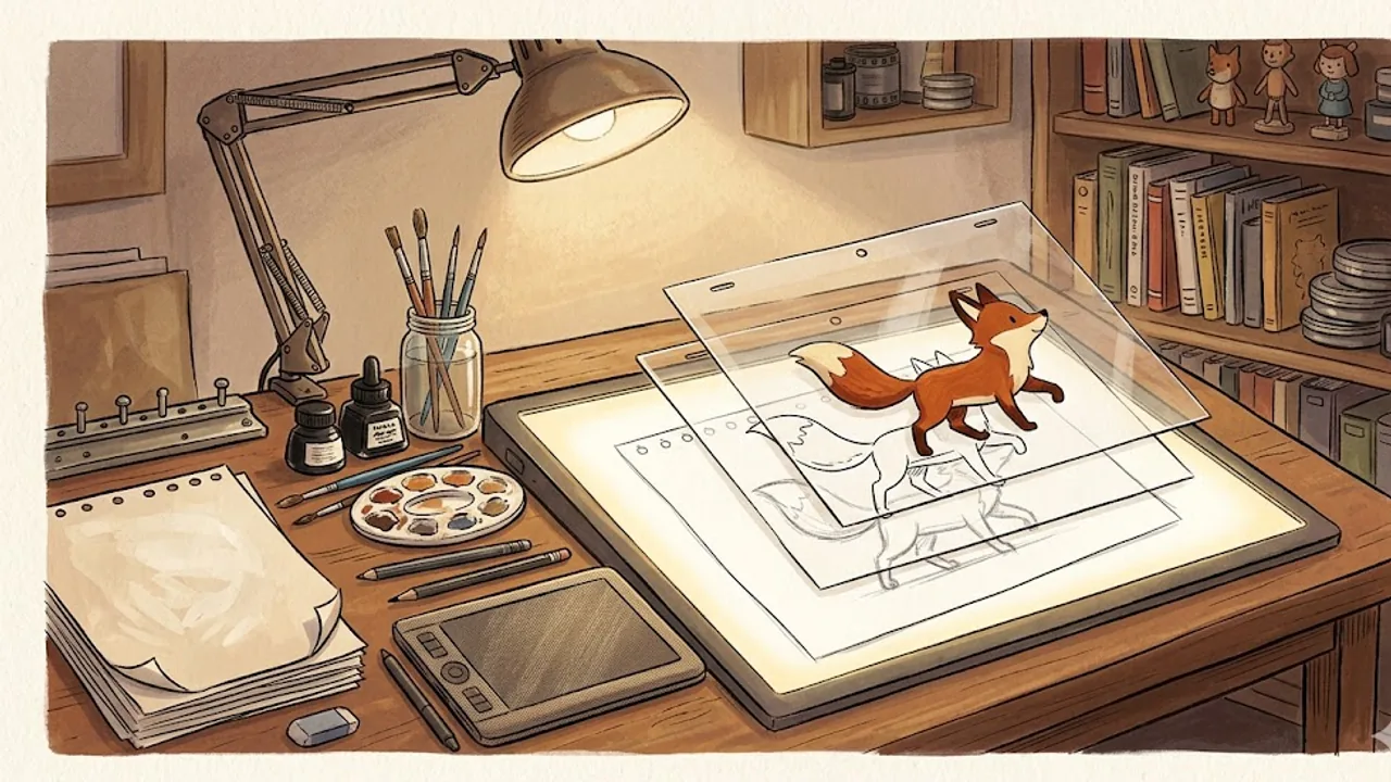 Illustration zu OpenToonz: ein analog-digitales Animationsatelier mit Leuchttisch, Cel-Ebenen und bewegten Papierfiguren
