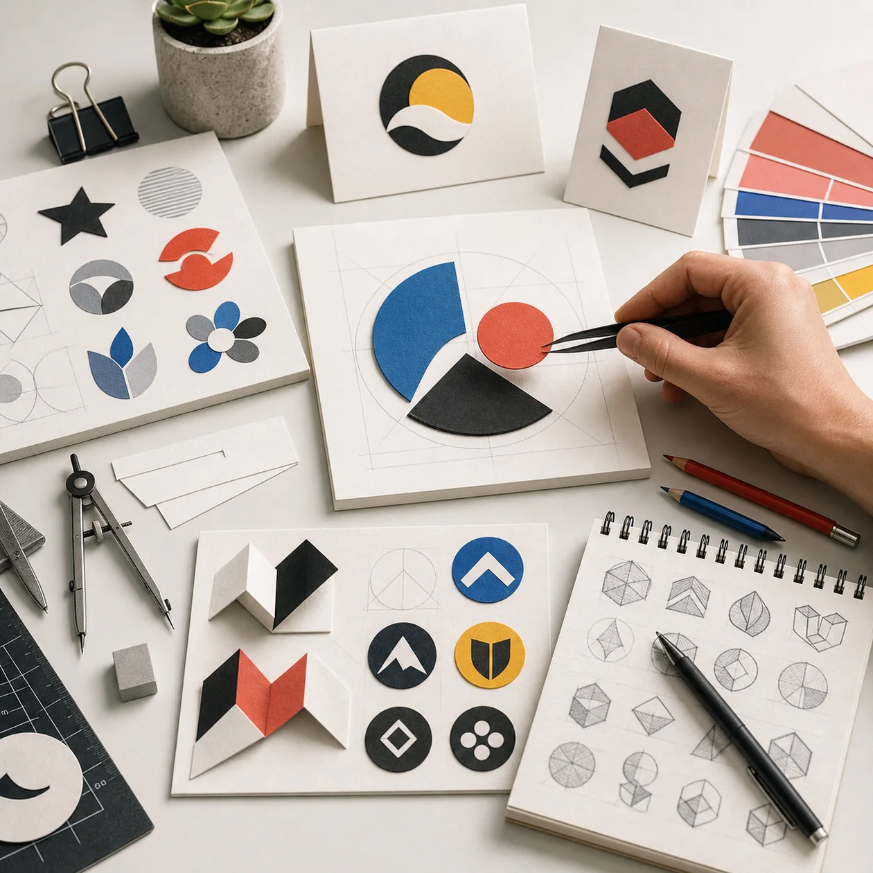 Abstrakte Embleme, Formen und Farbfelder auf einem redaktionellen Design-Tisch