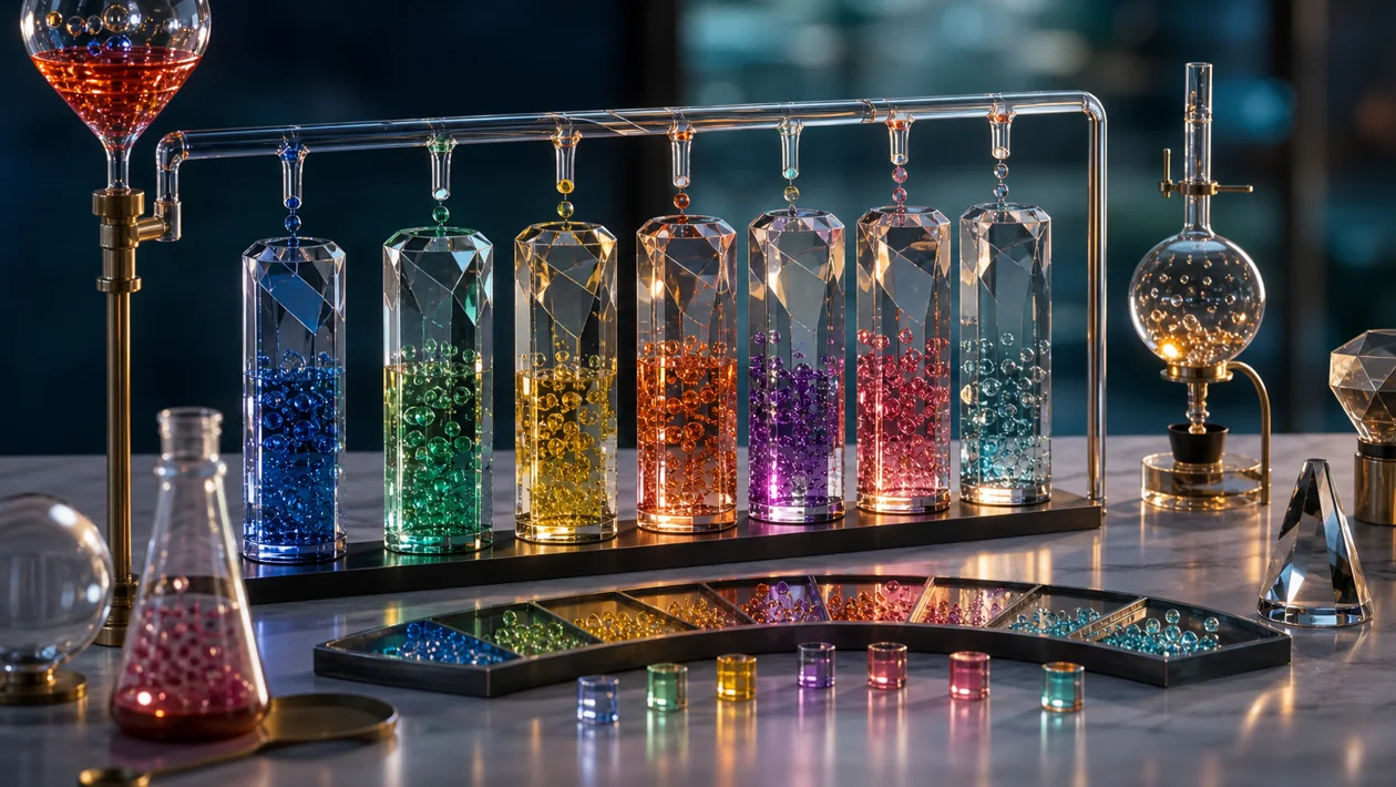 Leuchtende Datenpunkte fliessen in segmentierte Glas-Saeulen fuer Echtzeit-Analysen