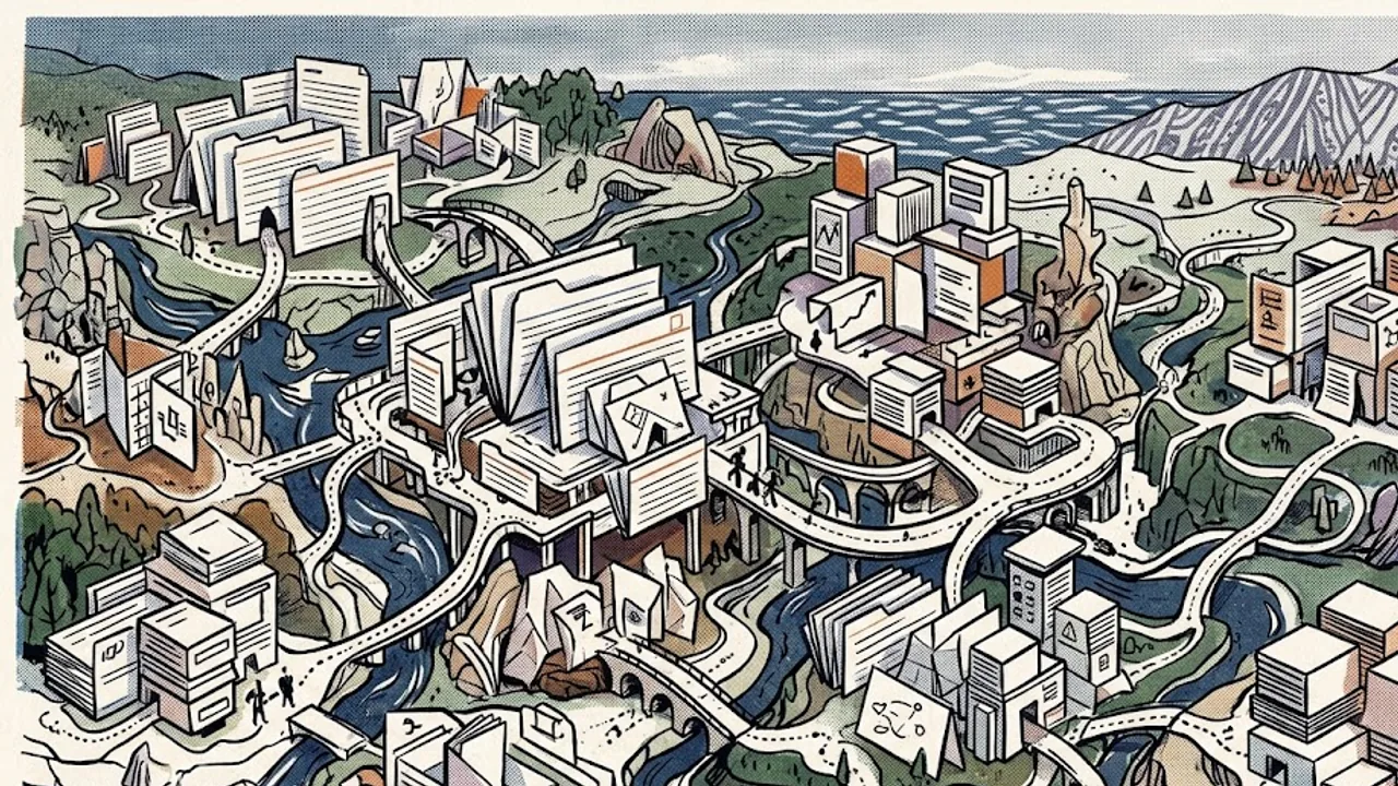 Illustration zu Roam Research: eine gezeichnete Stadt aus Ideen, Br?cken und vernetzten Forschungspfaden