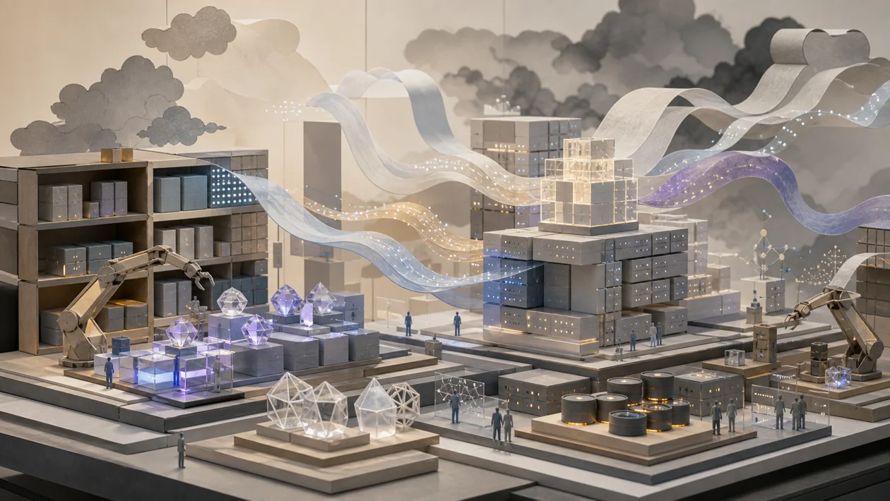 Illustration for Alibaba Cloud AI: modular cloud workshop with models, data streams, and service components