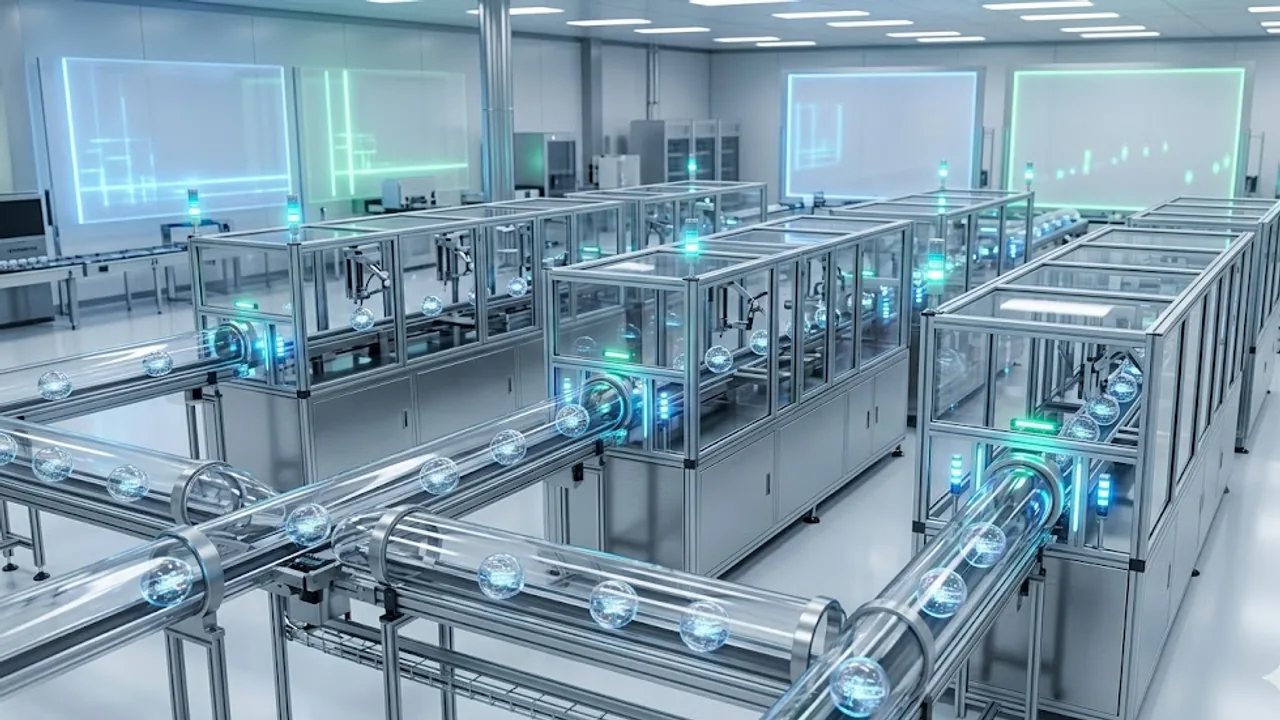 Illustration zu CircleCI: ein automatisiertes Prüflabor, in dem Codepakete durch parallele Testkammern laufen
