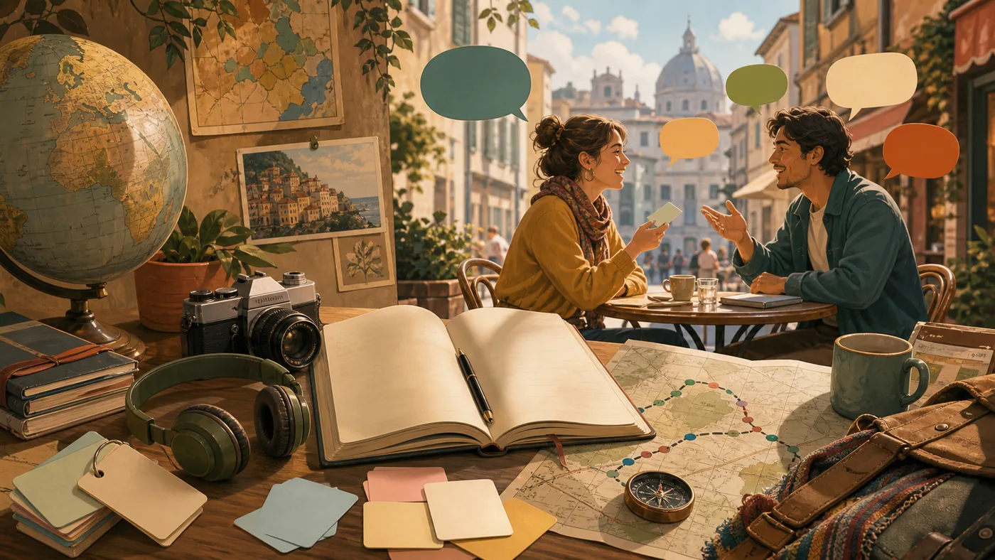 Illustration zu Busuu: Sprachuebung als Reise zwischen Karte, Cafe und Gespraech