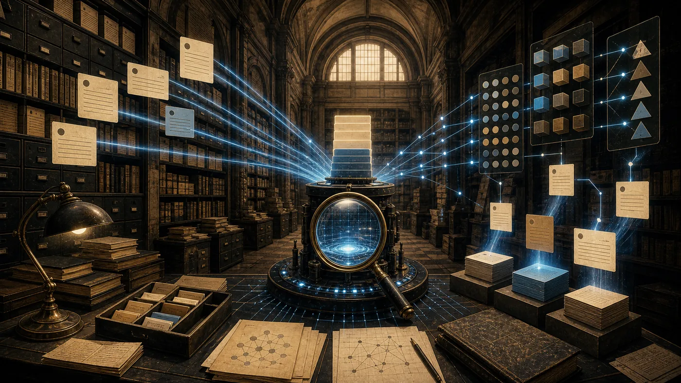 Illustration zu Apache Solr: Suchindex als Archiv mit Lichtstrahlen, Regalen und Fundstellen
