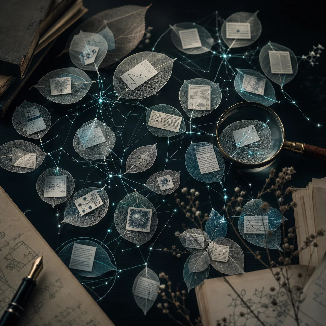 Researchers examining a connected network of academic papers and citation relationships