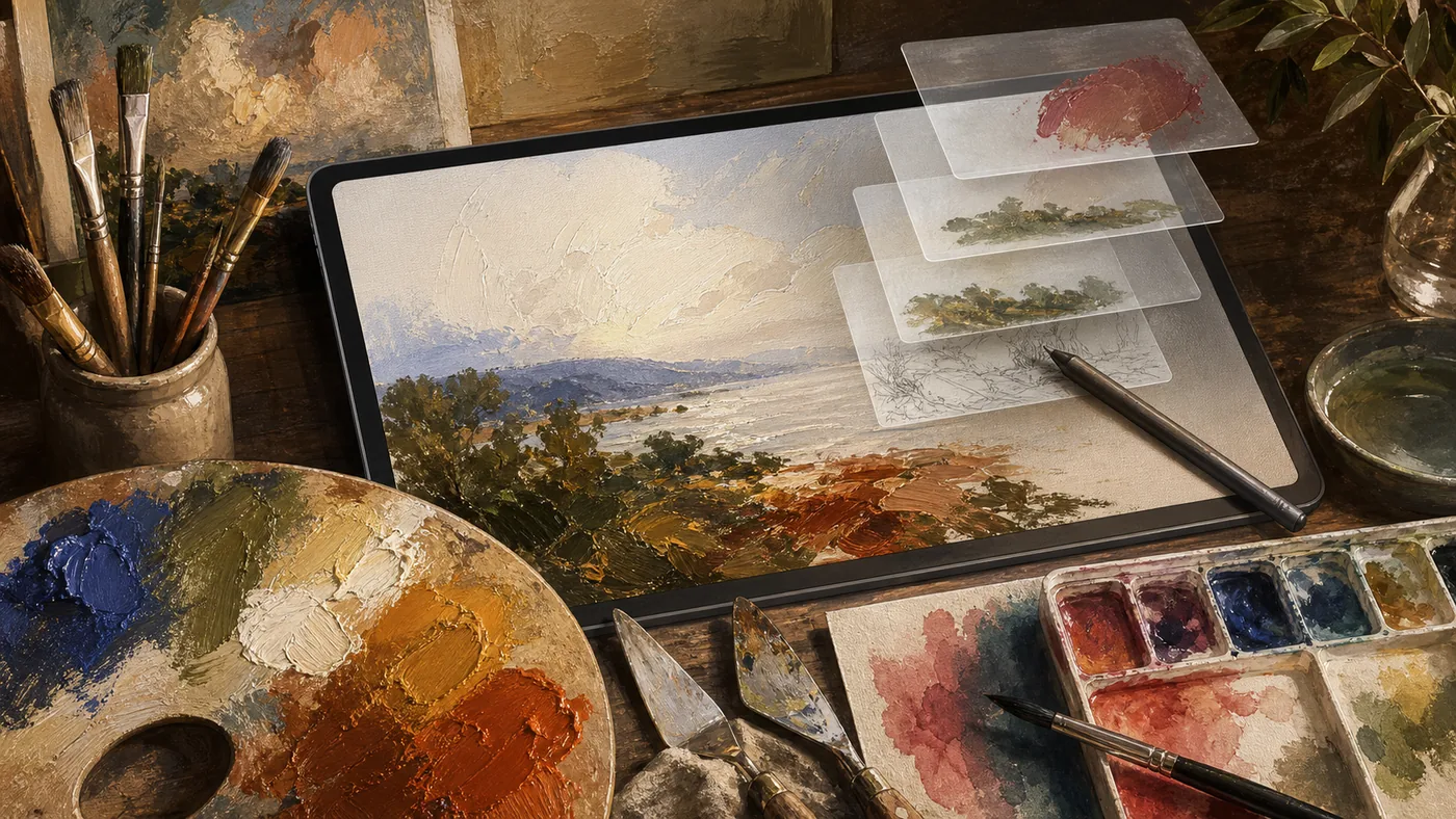 Illustration zu ArtRage: Digitales Malatelier mit Pinseln, Farbschichten und Canvas