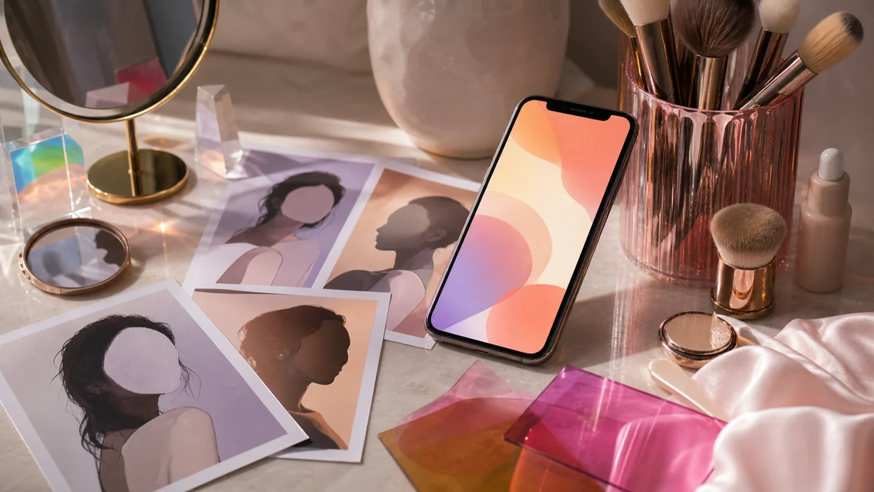 A smartphone and desktop screen show portrait retouching, color swatches, and a brush in a bright photo studio