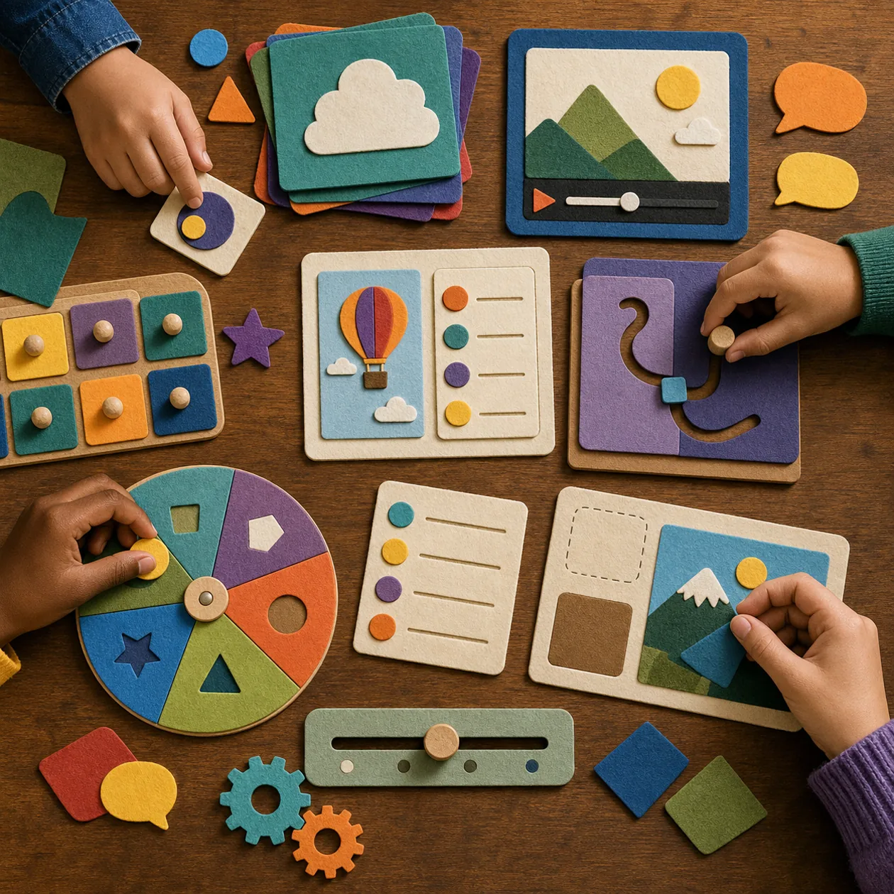 Illustration zu H5P: interaktiver Lerntisch mit Modulkarten, Raedern und Spielteilen