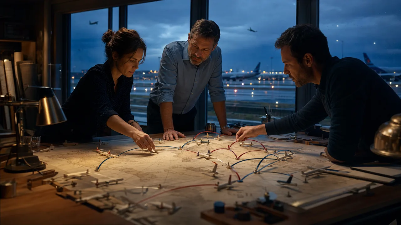 Planungsteam legt Flugrouten auf einer physischen Karte fest