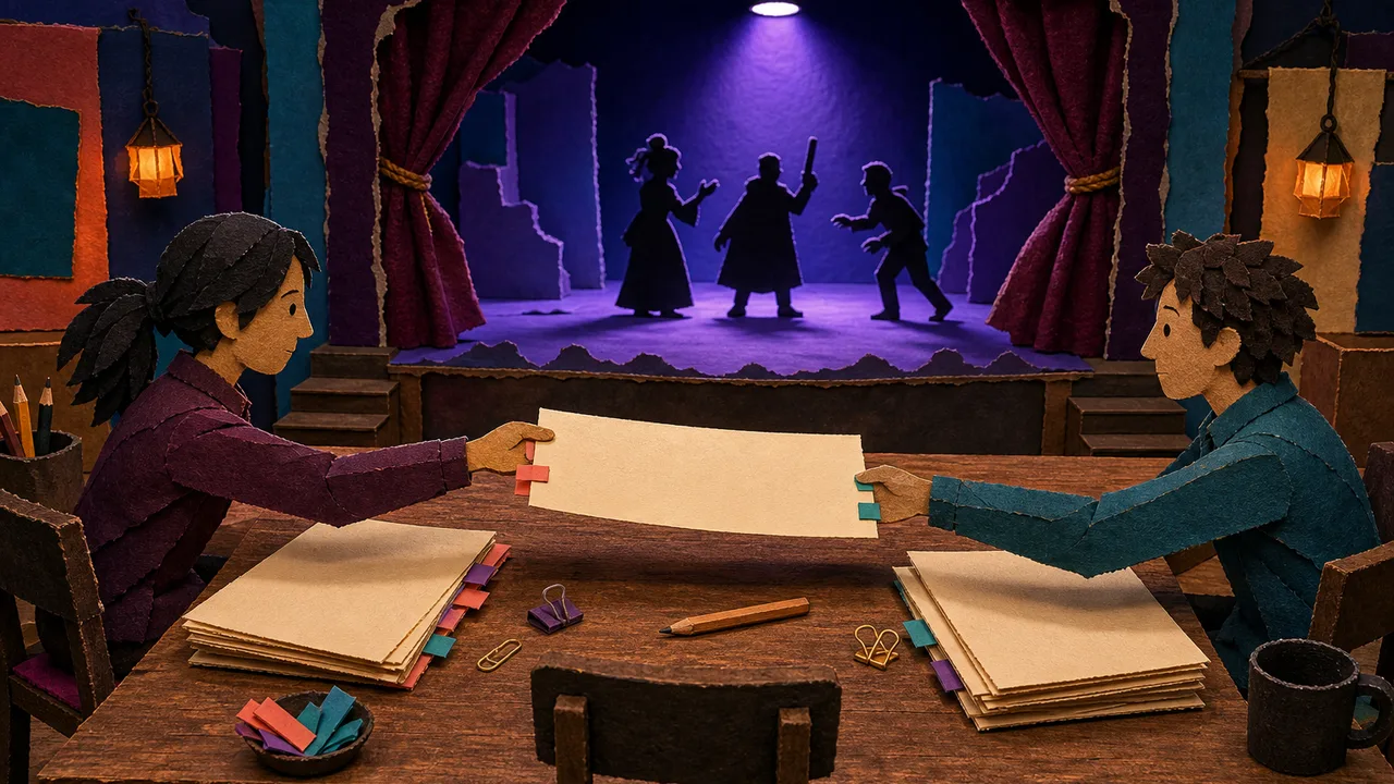 Shared screenplay handoff between two writers beside a stage