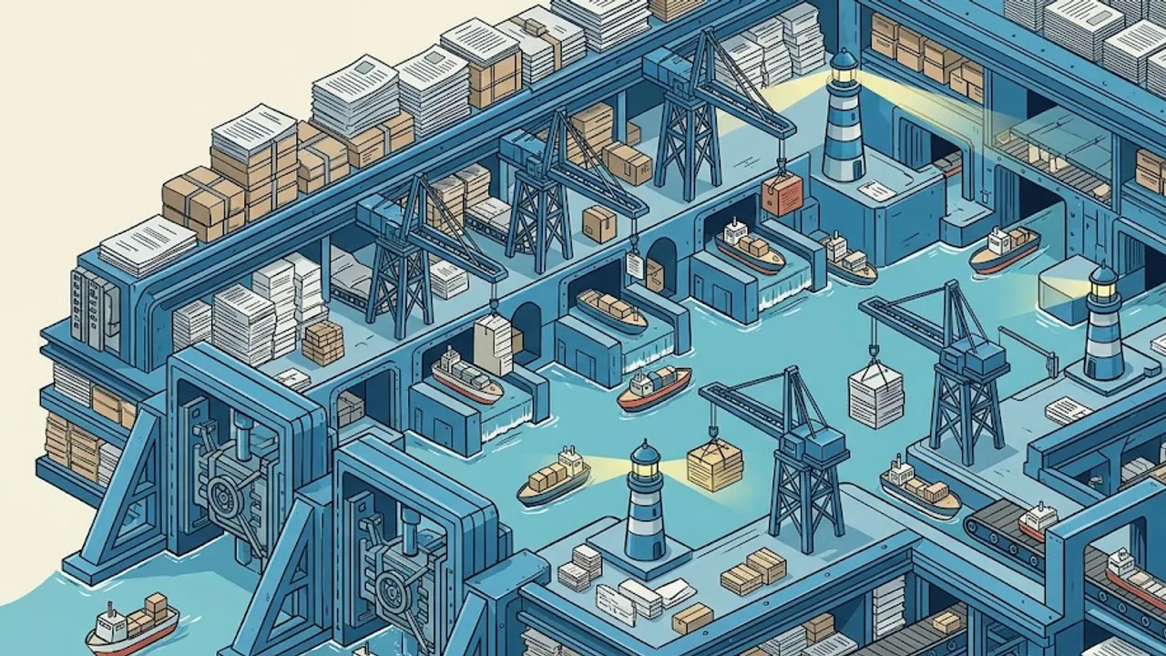 Illustration zu IBM API Connect: API-Routen passieren Schleusen, Policy-Kr?ne und Monitoring-Leuchtt?rme