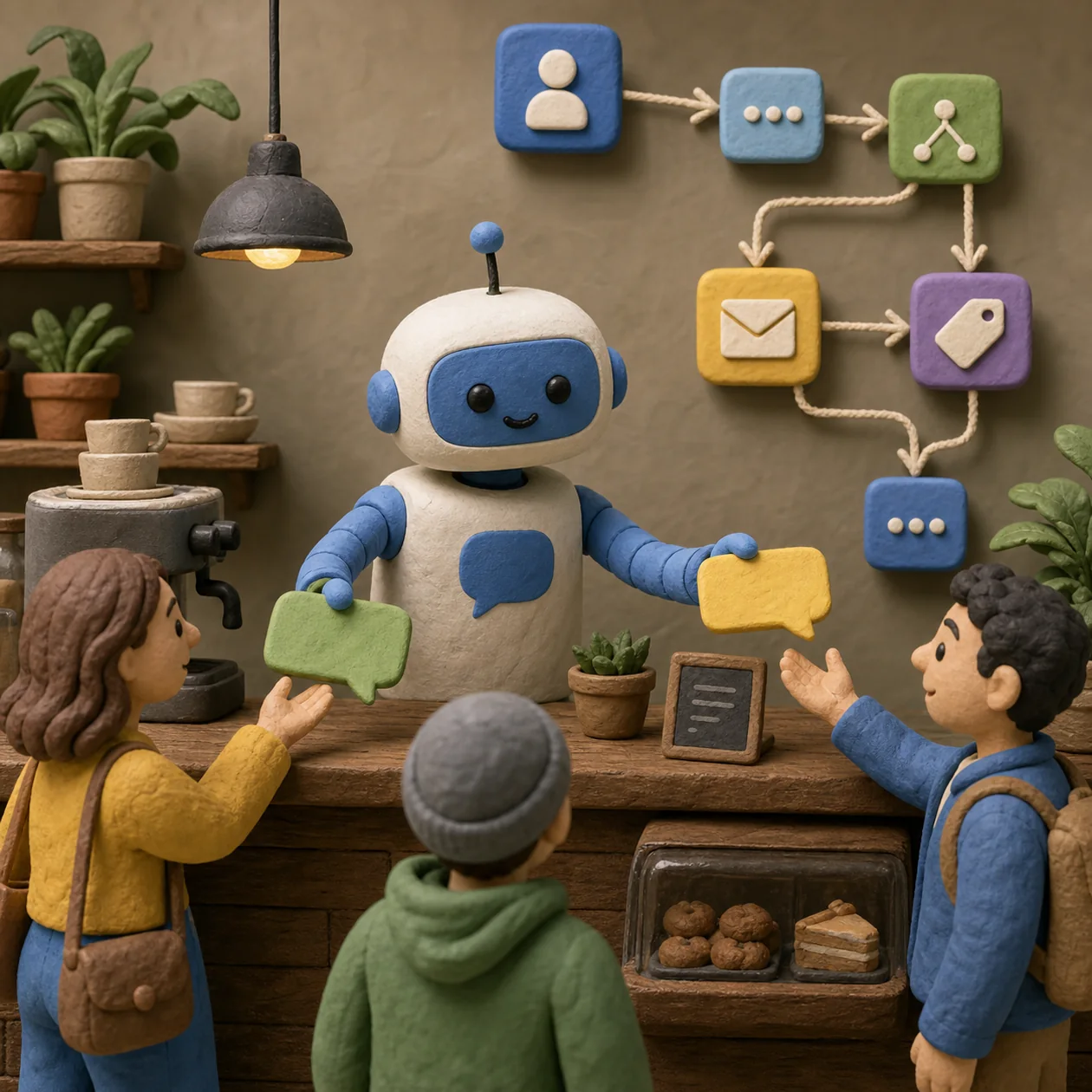 Illustration for Chatfuel: a chatbot at a small service counter with conversation cards