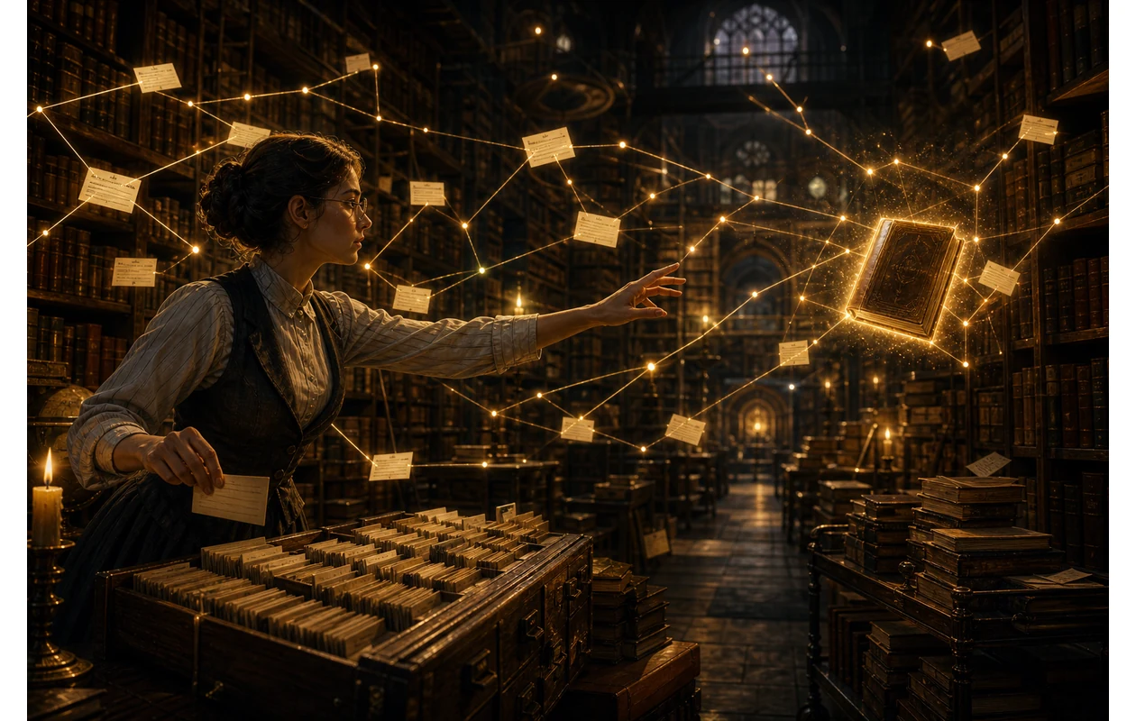 Illustration zu typesense: Eine Bibliothekarin findet sofort die richtige Antwort