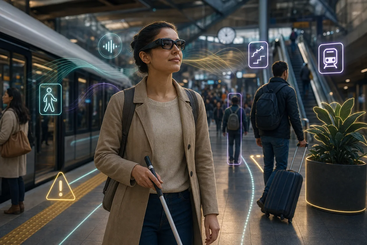 Illustration zu Envision AI: Person mit Smart Glasses navigiert Bahnhof mit Audio-Hinweisen