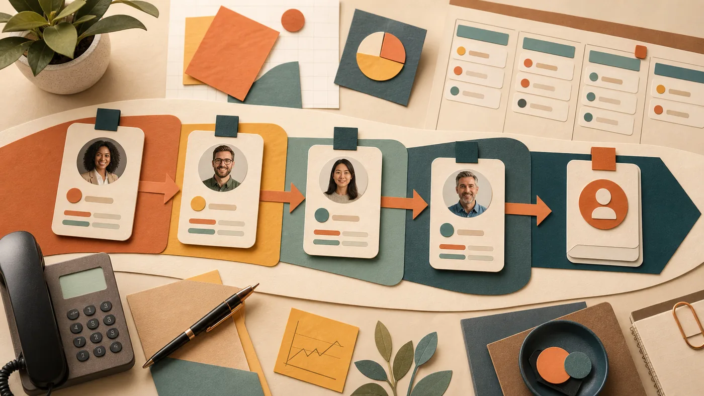 Illustration zu HubSpot Sales Hub: Kontaktkarten und Pipeline-Elemente ordnen einen Vertriebsprozess