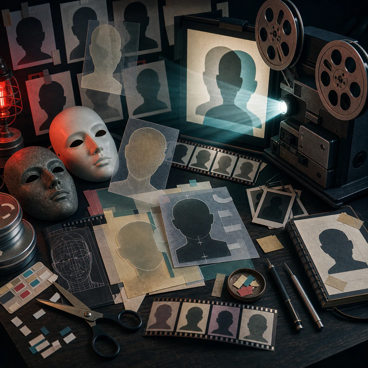 Dark workbench with anonymous masks and interchangeable film strips representing controlled face transfer
