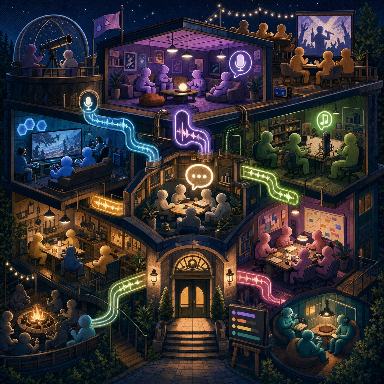 Illustration zu Discord: Community-Clubhaus mit verbundenen Sprach- und Themenräumen