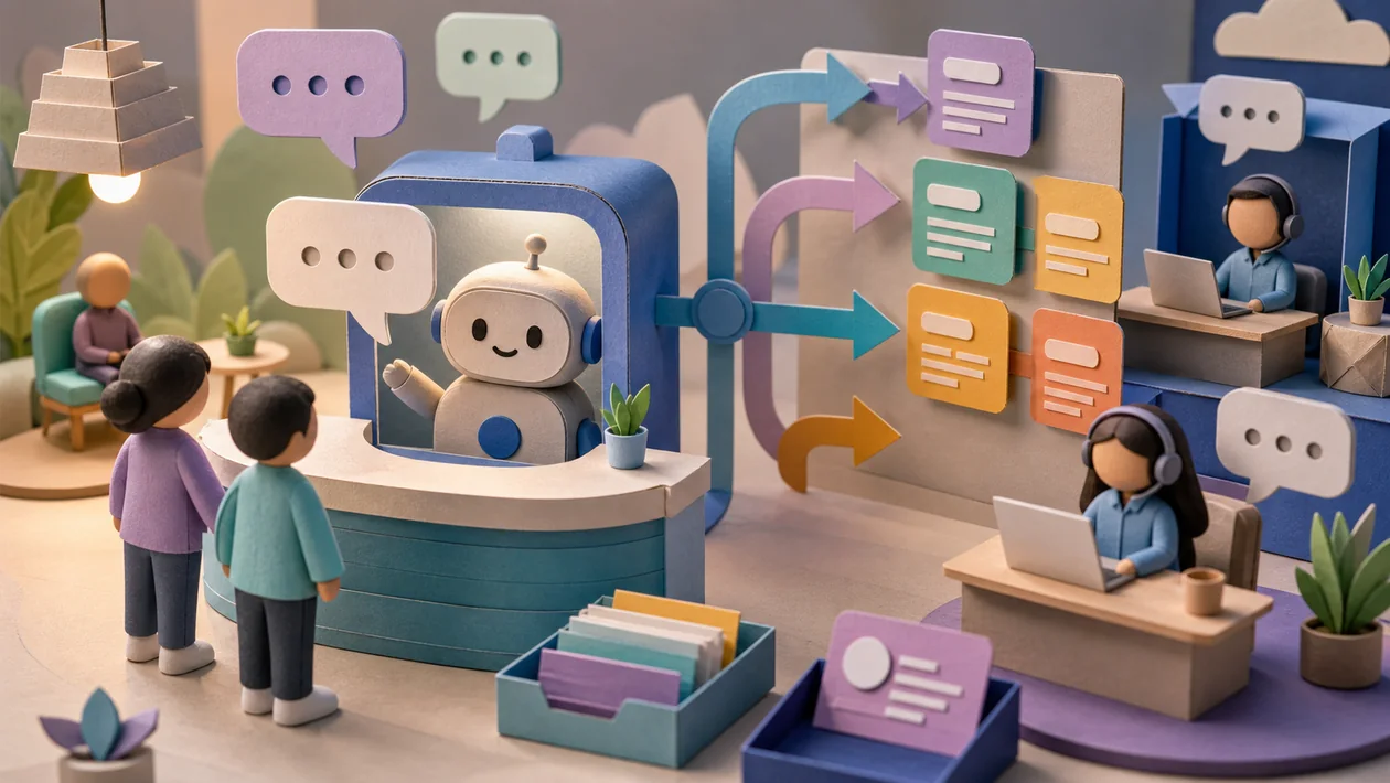 Support desk with a chatbot and sorted customer request cards