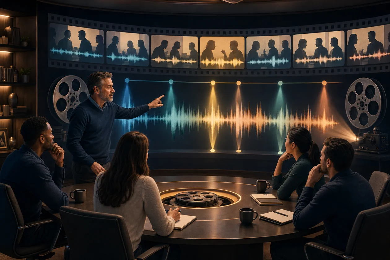 Illustration for ExecVision: sales team analyzes conversation moments in a coaching room