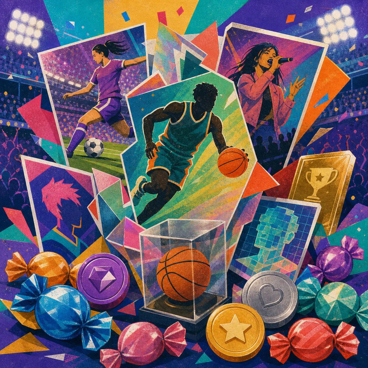 Colorful Candy AI character cards and collectibles arranged as a pop-art collage