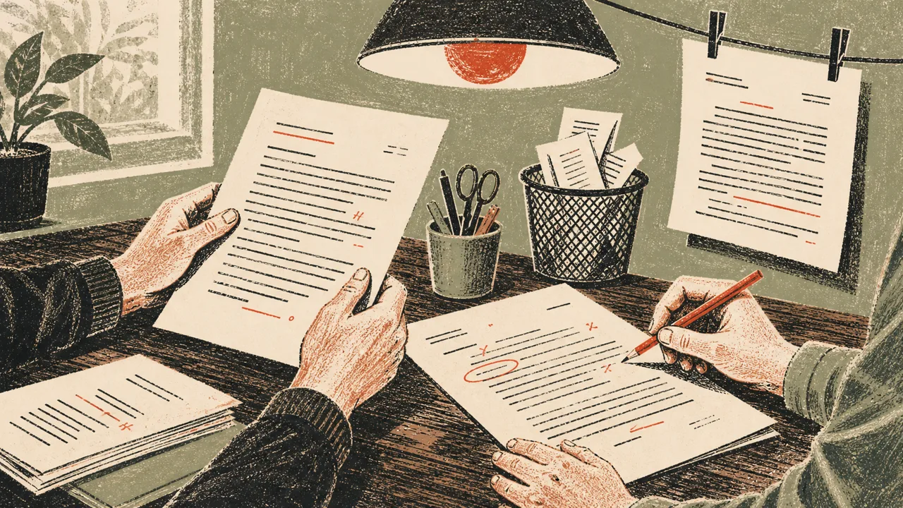 Editor correcting a printed business text with a red pencil