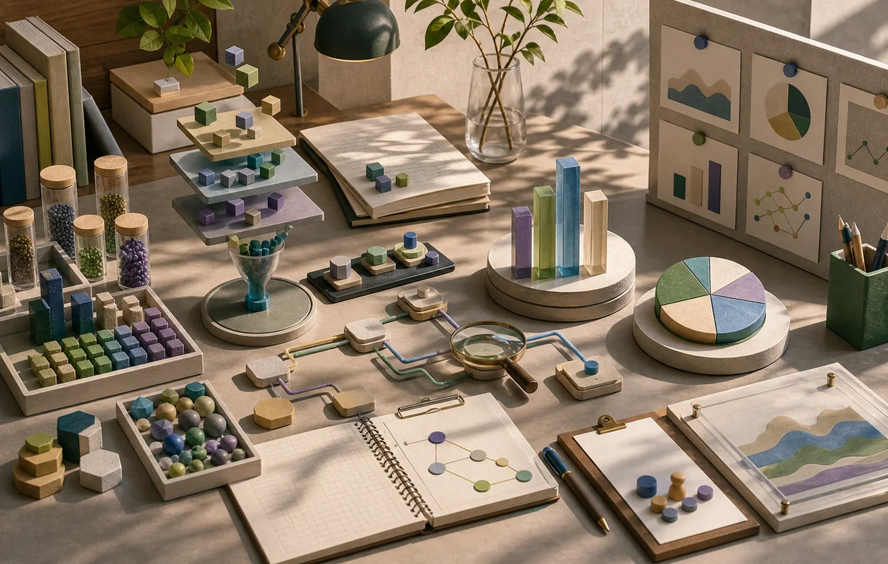 Illustration zu Mode Analytics: redaktionelle Workflow-Szene zu Mode Analytics mit toolbezogenen Arbeitsobjekten
