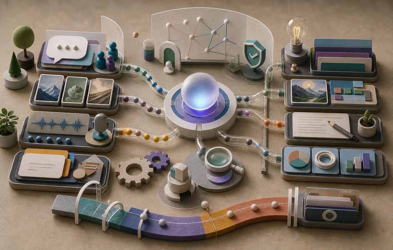 Illustration for Meta AI: prompt cards, media objects, and checks move through an assistant workspace