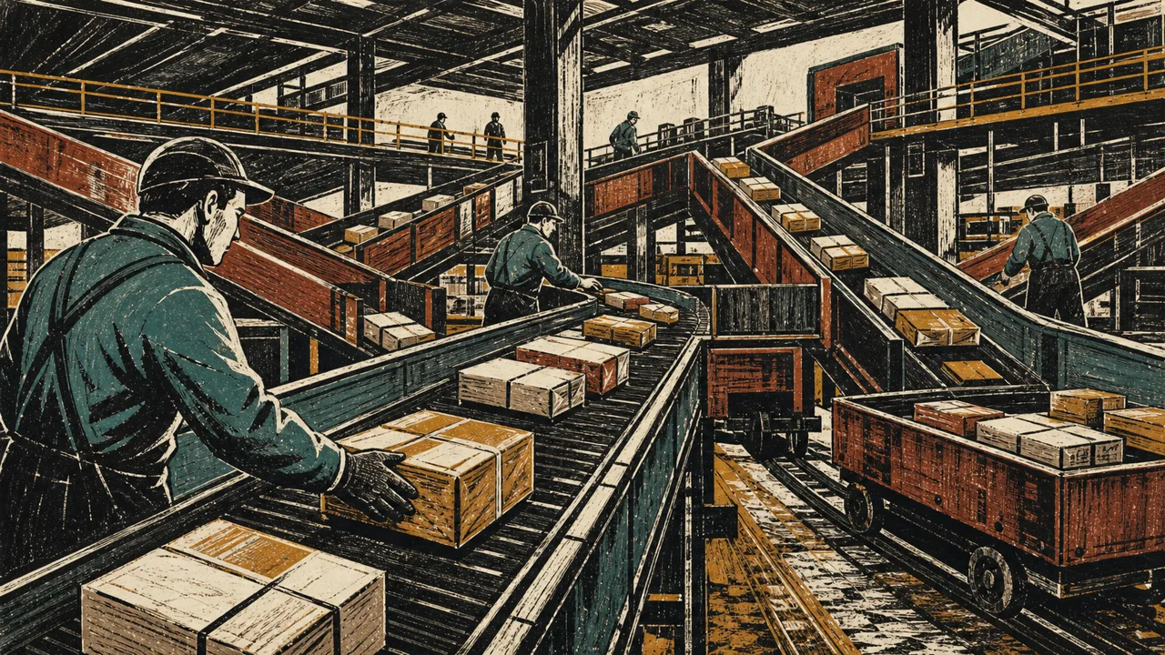 a linocut sorting station with streams of parcels