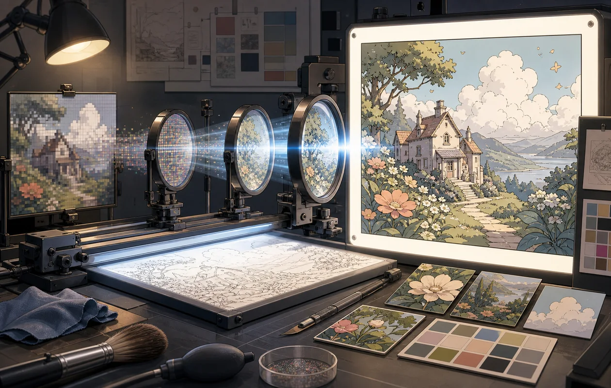 Illustration zu Waifu2x: kleine verrauschte Grafiken werden in einem Atelier sauber vergrößert