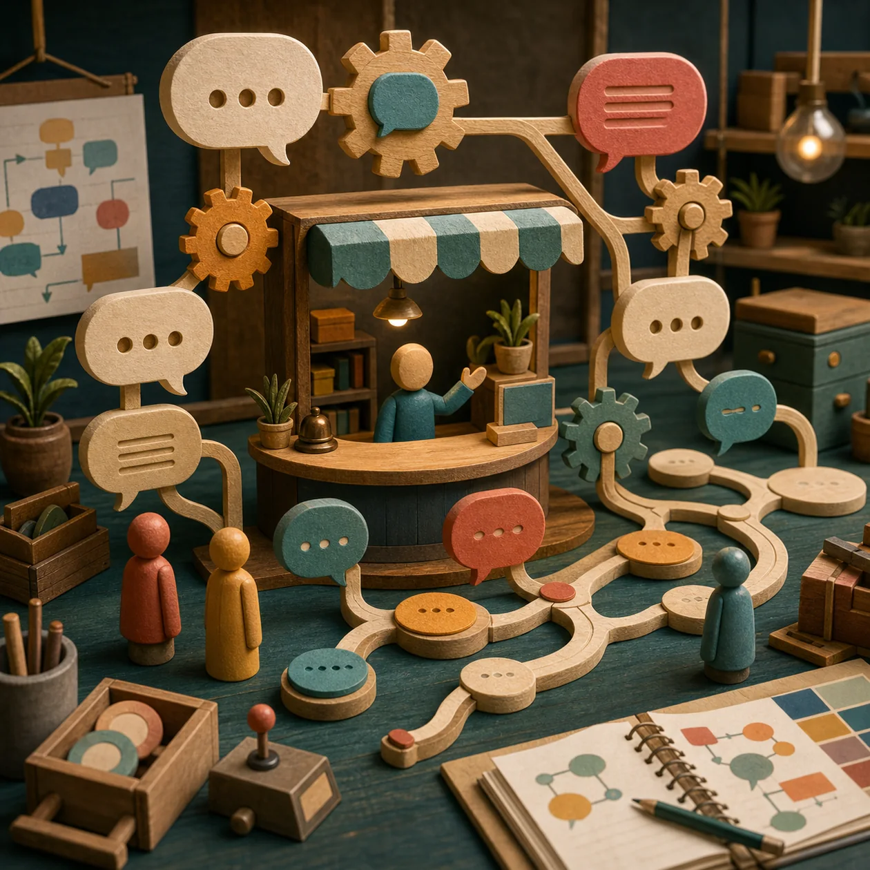 Illustration of a conversation workshop with speech bubbles, gears, and branching dialogue paths