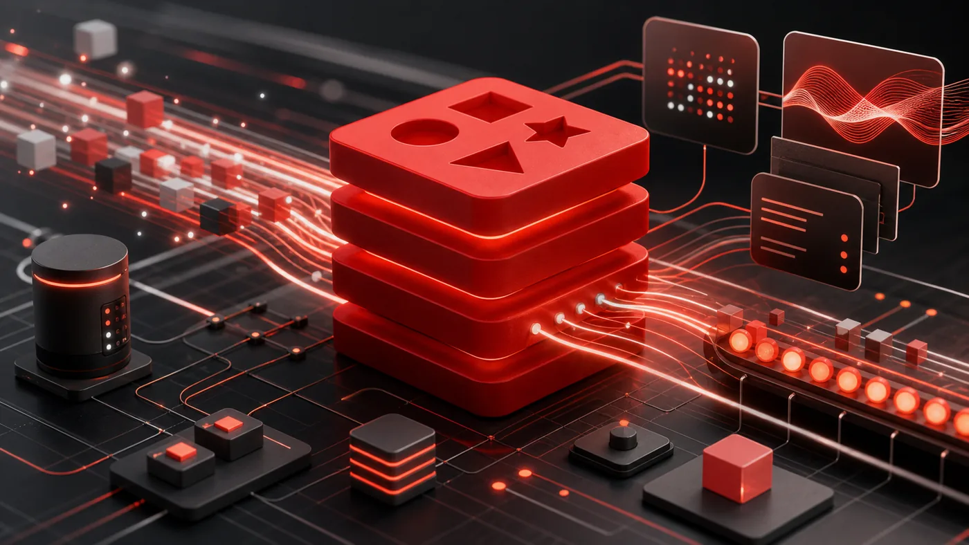 Illustration zu Redis: rote Datenstapel und Lichtspuren zeigen schnellen Cache-Zugriff