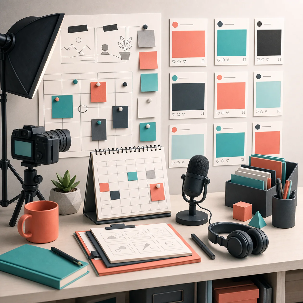 Illustration for ContentStudio: a content studio with a camera, microphone, and planning cards