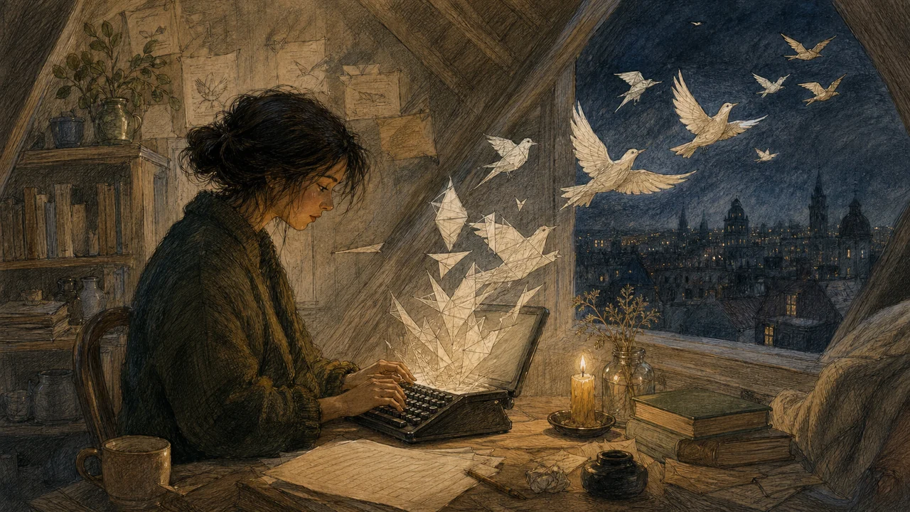 Illustration zu Cotypist: In einem stillen Dachzimmer werden unvollständige Gedanken lokal zu Papier-Vögeln ergänzt