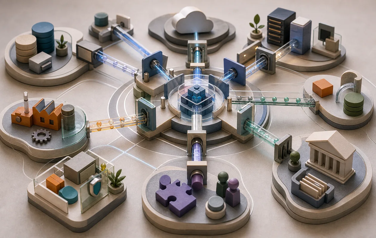 Illustration zu MuleSoft Anypoint Platform: redaktionelle Workflow-Szene zu MuleSoft Anypoint Platform mit toolbezogenen Arbeitsobjekten