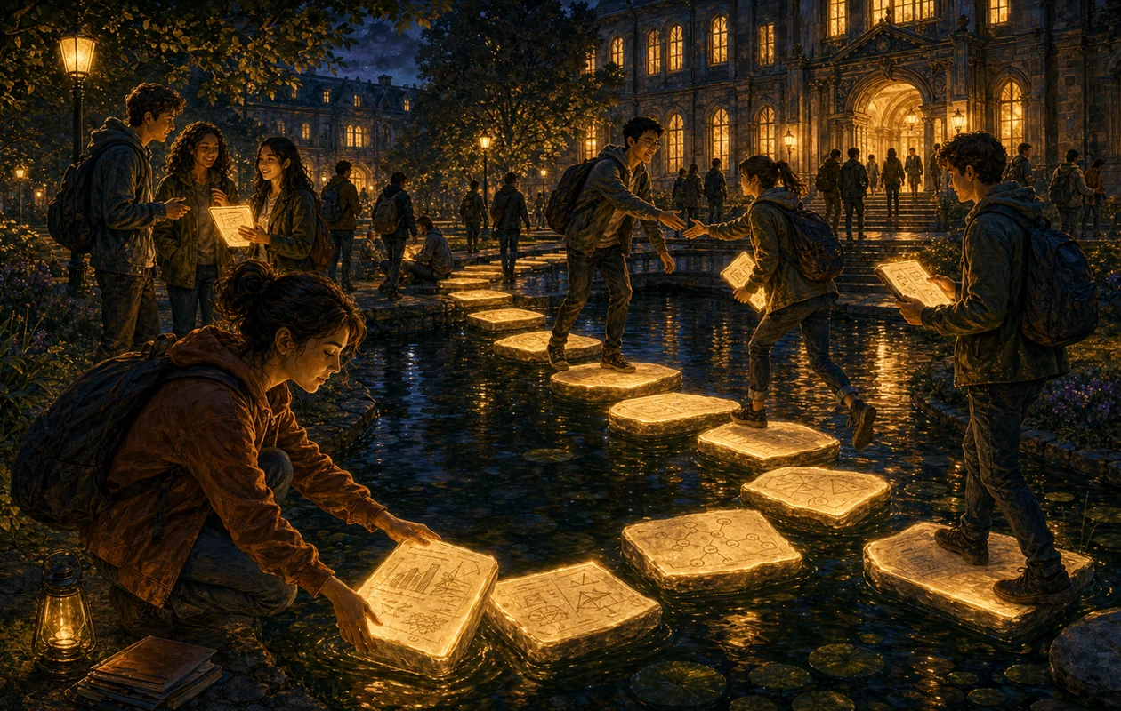 Illustration zu StudySmarter: Campuspfad verwandelt Lernnotizen in leuchtende Trittsteine