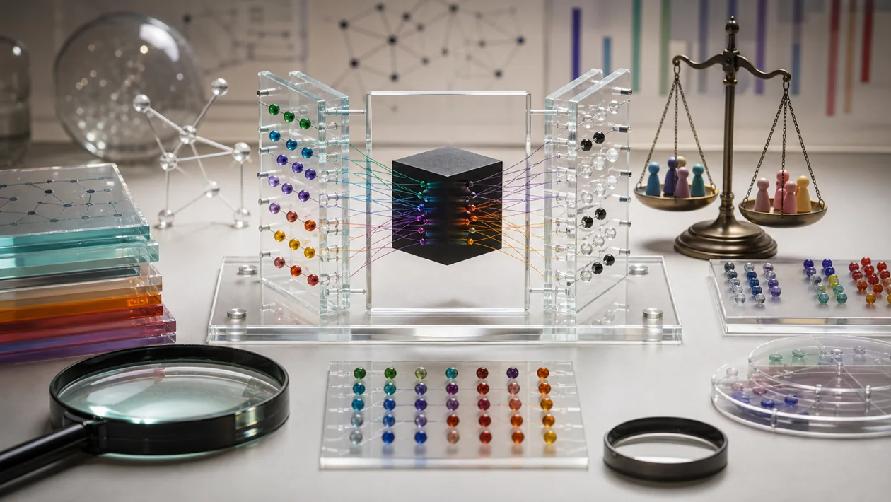 Illustration for AI Explainability 360: a transparent model, attribution points, and a scale make model decisions inspectable