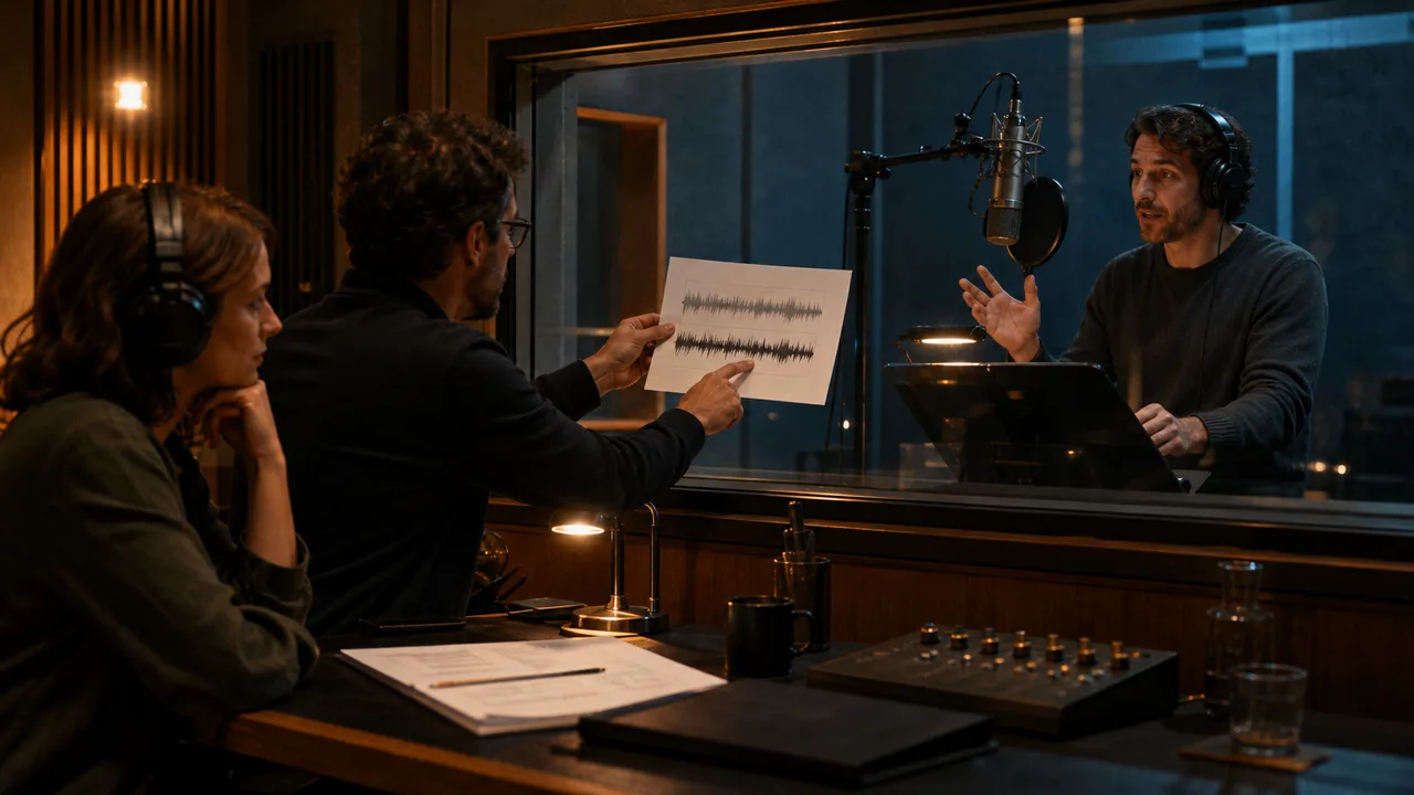Voice actor and editors choosing a voice-over take in a studio