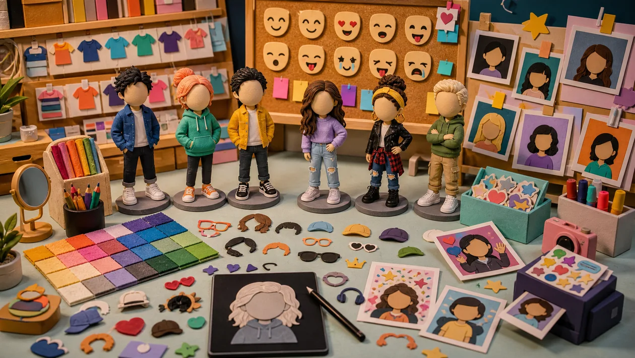 Avatar studio with a personalised character, clothing options, and finished chat stickers