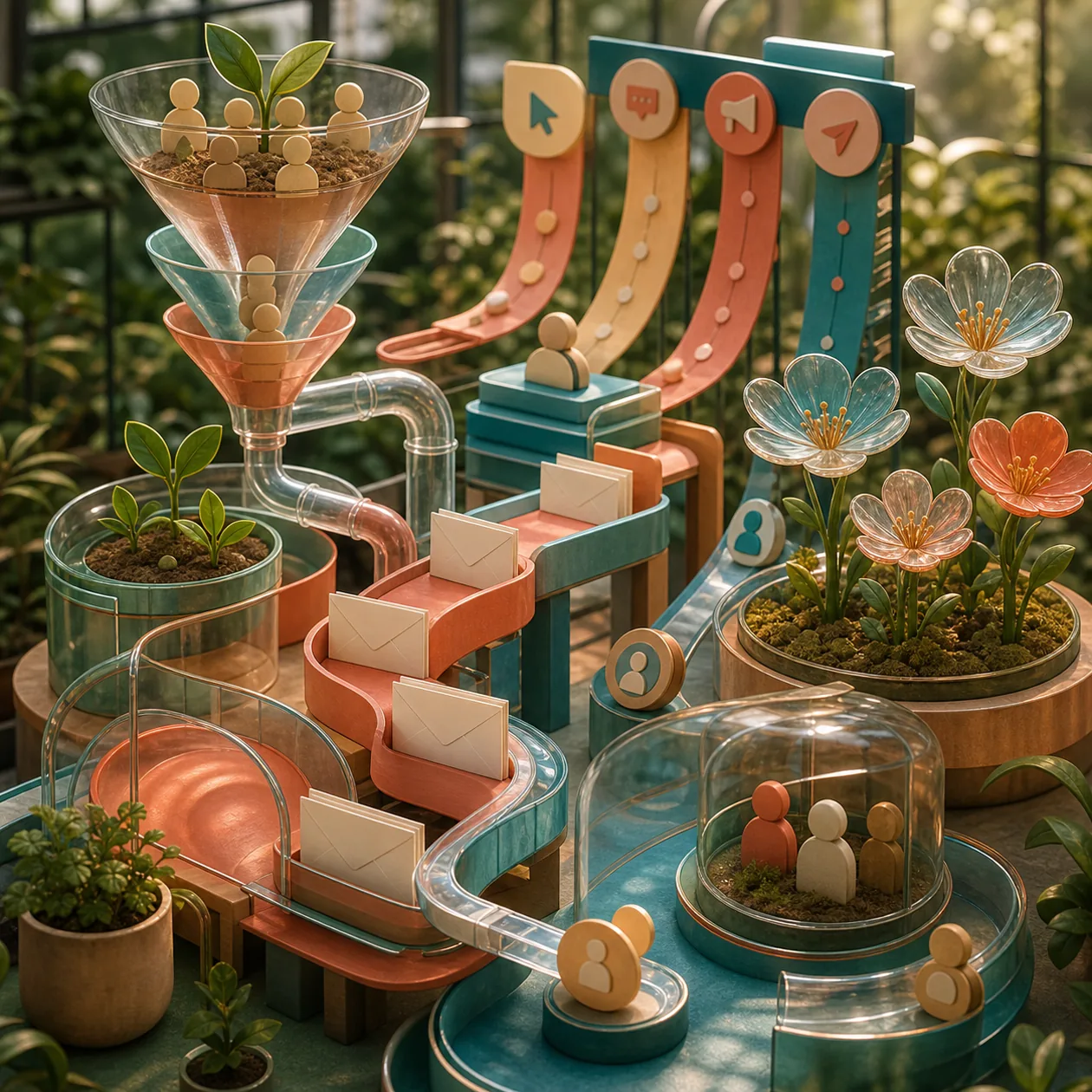 Illustration zu HubSpot Marketing Hub: Marketing-Gewaechshaus mit Lead-Trichtern und Kampagnenbahnen