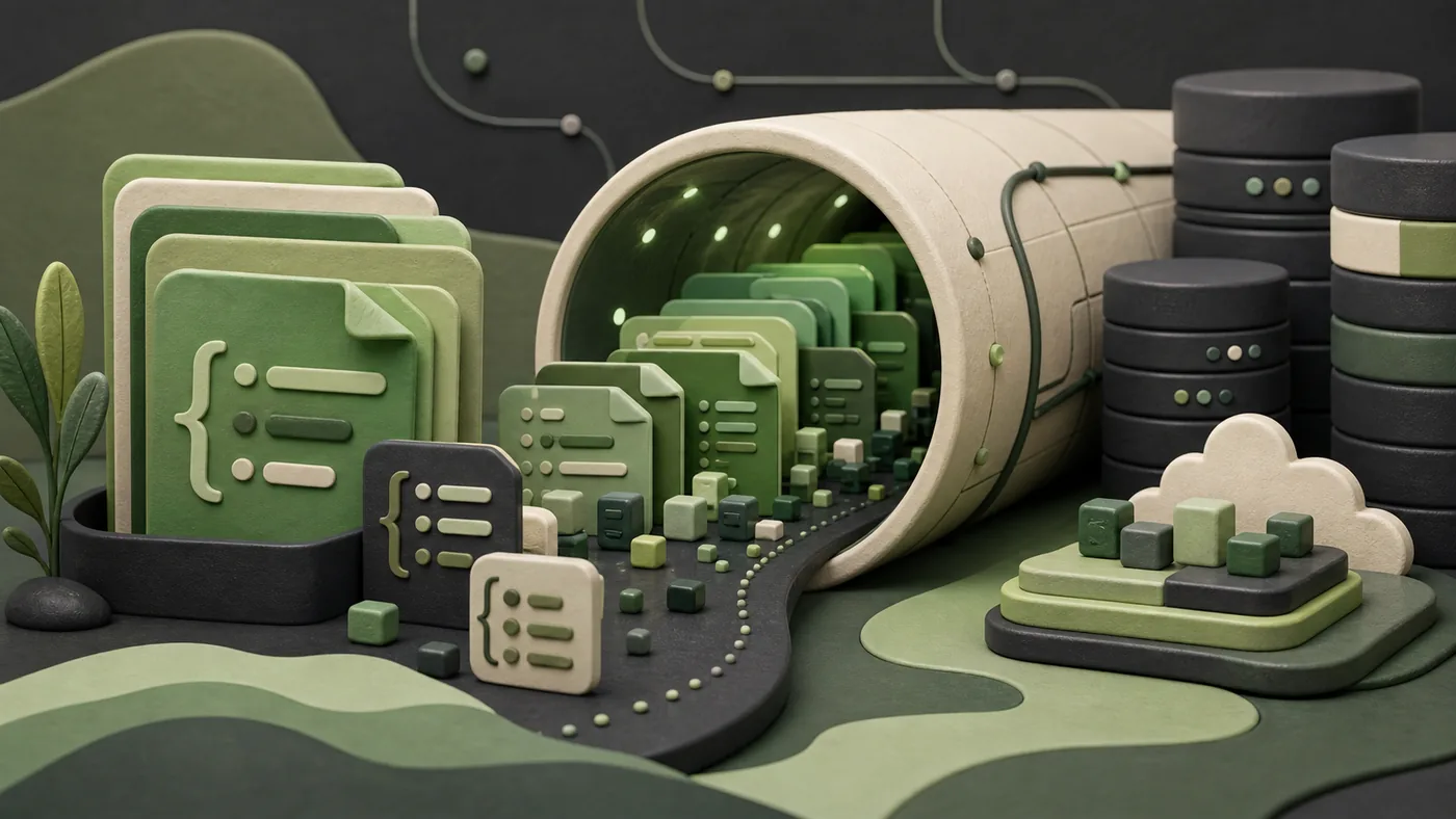 Illustration zu MongoDB: grüne Dokumentkarten fließen durch einen skalierbaren Datenbanktunnel