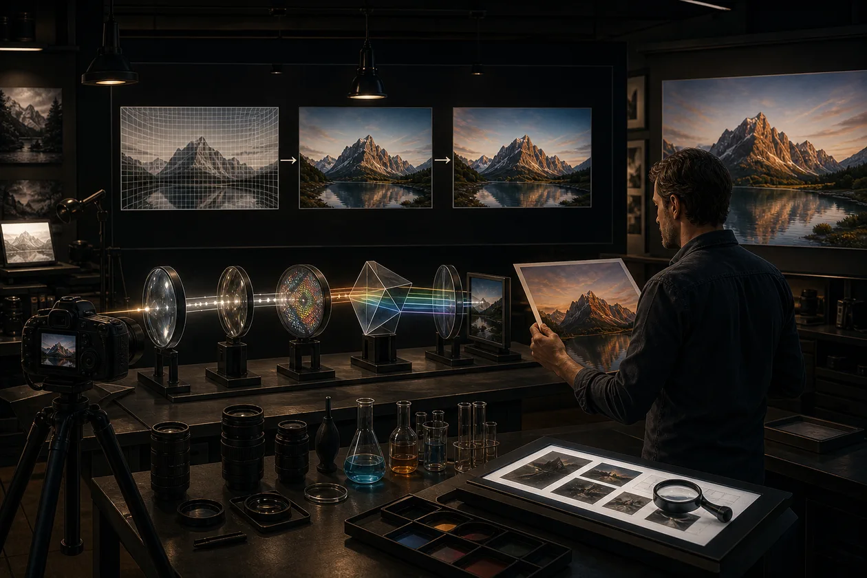 Fotograf arbeitet an RAW-Aufnahmen in einer digitalen Dunkelkammer mit Vorschau und Korrekturreglern