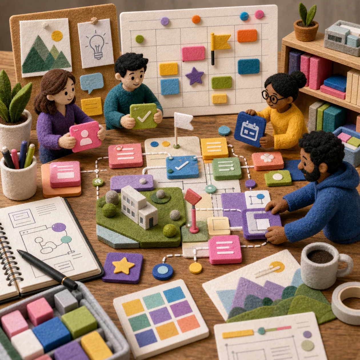 Illustration of a digital project workbench with tasks, documents, and connected workflows