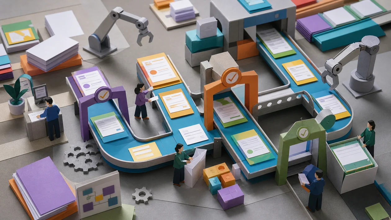 Workflow cards pass through paper gates and automation stations in a controlled process landscape