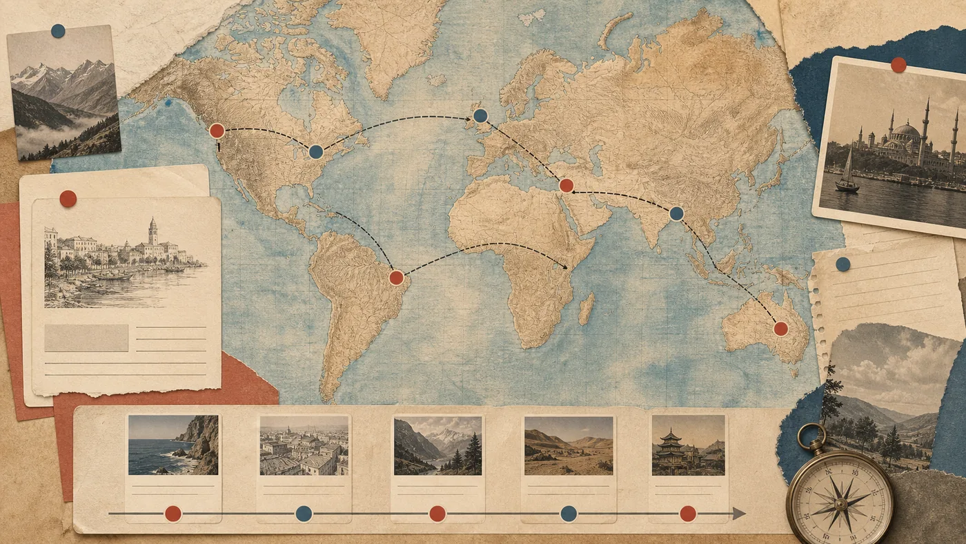 Illustration for StoryMapJS: map routes connecting places, images and story points