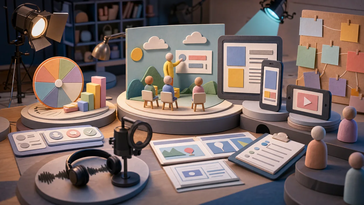 Lernstudio mit Storyline-Szenen, Rise-Bausteinen und Review-Kommentaren auf mehreren Geräten