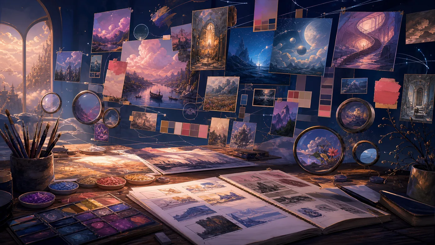 Illustration for Midjourney: mood boards, colors and image ideas in a surreal creative studio
